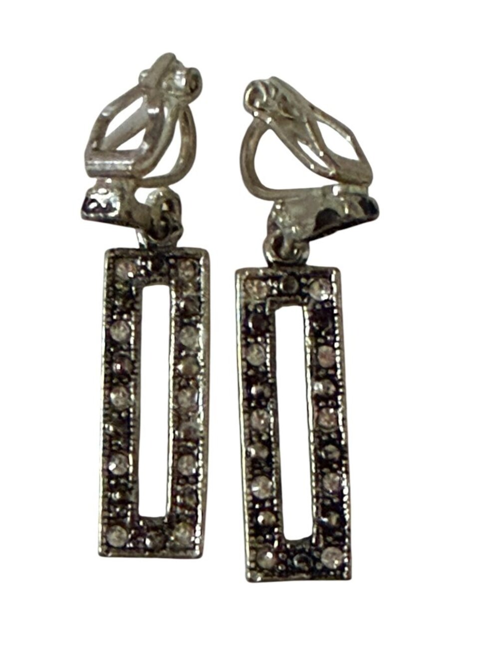 Vintage Rhinestone Open Rectangle Clip On Dangle Earrings